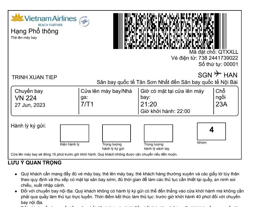 thẻ lên tàu bay hãng Vietnam Airlines
